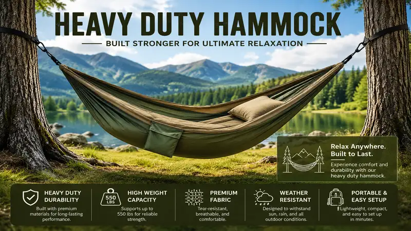 heavy duty hammock suspended between sturdy trees in a spacious outdoor setting