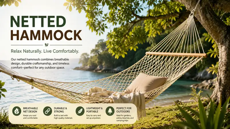 Relaxing outdoor setup featuring a comfortable netted hammock suspended between trees