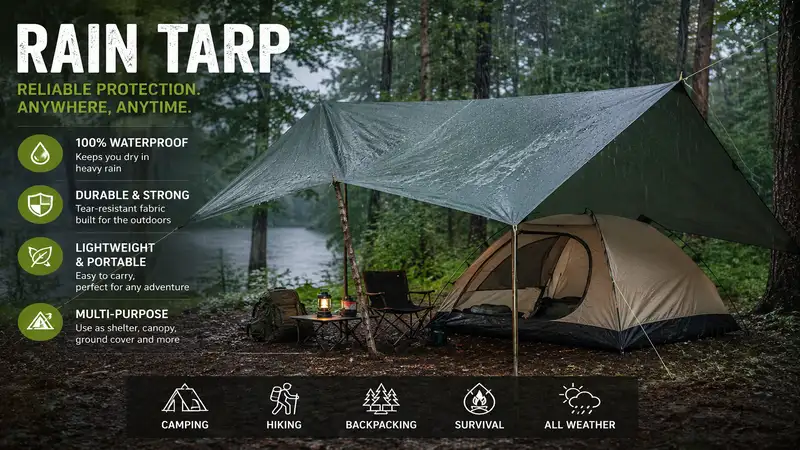 Rain tarp providing reliable waterproof shelter for camping and outdoor adventures in rainy weather.