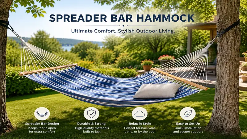 spreader bar hammock set up outdoors between trees for comfortable backyard relaxation
