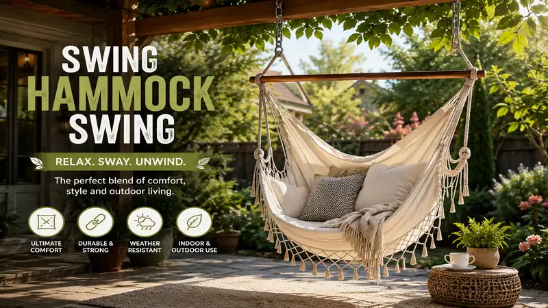 Swing hammock swing hanging in a peaceful backyard with comfortable cushions