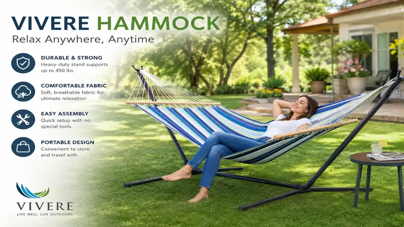 vivere hammock with sturdy stand set up for relaxing in a backyard
