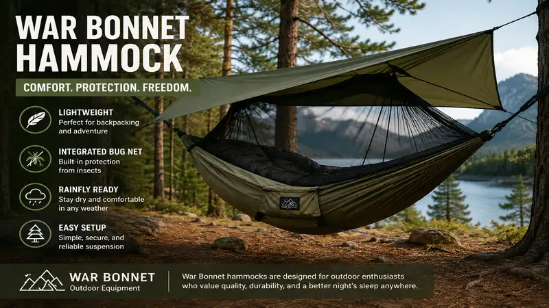 war bonnet hammock with integrated bug net and rainfly set up in a forest campsite for outdoor comfort