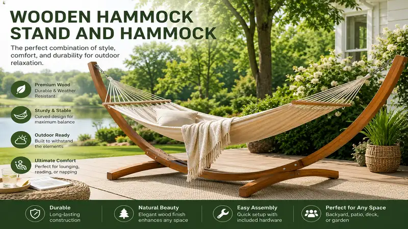 wooden hammock stand and hammock set in a relaxing backyard outdoor space with natural scenery