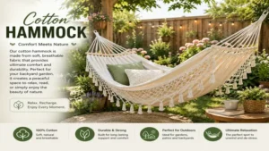 cotton hammock installed in a backyard garden creating a comfortable lounging space