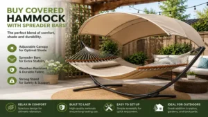 buy covered hammock with spreader bars installed on a cozy patio with a protective canopy