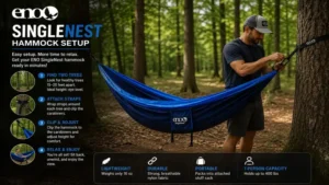 eno singlenest hammock quick setup between two trees at a forest campsite
