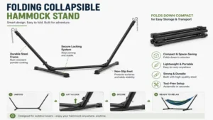 Folding collapsible hammock stand showing compact frame design for easy storage and transport