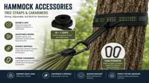 Durable hammock accessories including adjustable tree straps and carabiners for a secure and reliable hammock setup