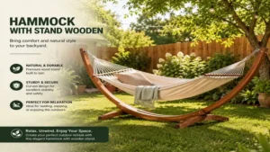hammock with stand wooden setup in a cozy backyard surrounded by greenery and natural sunlight