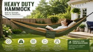 heavy duty hammock installed in a backyard for comfortable outdoor relaxation