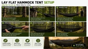 Lay flat hammock tent setup process at a campsite showing secure suspension and proper positioning