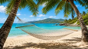 netted hammock hanging between palm trees at a tropical beach location