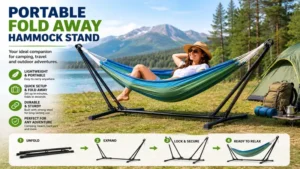 Portable fold away hammock stand with a hammock ready for camping and travel