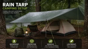 Rain tarp securely installed above a camping tent to create a dry and protected campsite.