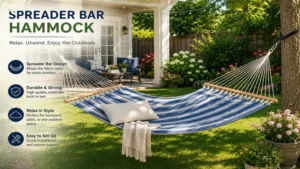 spreader bar hammock installed in a backyard patio area for relaxing outdoors