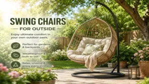 Cozy swing chairs for outside in a peaceful backyard garden with green plants