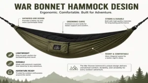 Ergonomic war bonnet hammock design showing gathered-end construction and comfortable sleeping position