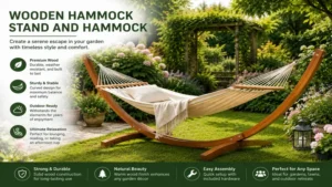 wooden hammock stand and hammock placed in a peaceful garden surrounded by flowers and greenery