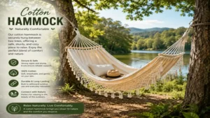 cotton hammock securely suspended between two trees in a natural setting