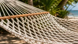 Close-up view of a handcrafted cotton netted hammock with durable woven mesh