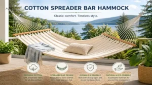 cotton spreader bar hammock with wooden bars providing a spacious lounging experience