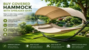 buy covered hammock with spreader bars placed in a peaceful garden with scenic outdoor views