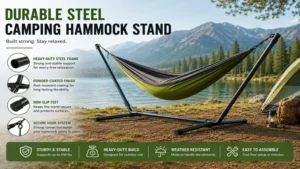 camping hammock stand featuring a durable steel frame, non-slip feet, and weather-resistant construction for reliable support
