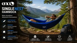 eno singlenest hammock used during a camping trip in a scenic outdoor environment