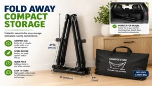 Fold away hammock stand folded into a compact size for easy storage