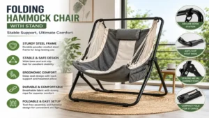 Folding hammock chair with stand providing stable support and ergonomic comfort
