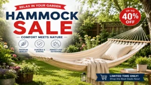 hammock sale highlighting a garden hammock surrounded by flowers and natural outdoor scenery