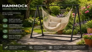 hammock swing and stand placed in a garden surrounded by flowers and greenery