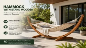 hammock with stand wooden on a modern patio offering comfort, style, and outdoor relaxation