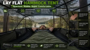 Interior view of a lay flat hammock tent with a spacious sleeping area designed for comfort