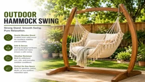 outdoor hammock swing attached to a durable wooden stand in the yard