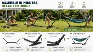 Portable collapsible hammock stand being assembled quickly without tools in a garden setting