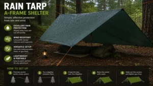 Rain tarp configured as an A-frame shelter for maximum rain protection while camping.