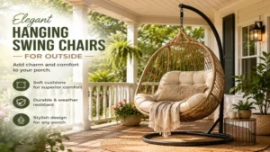Elegant swing chairs for outside hanging on a wooden porch with soft cushions