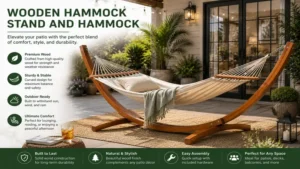 wooden hammock stand and hammock creating a comfortable relaxation area on a modern patio