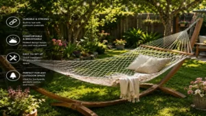 Backyard leisure area with a spacious netted hammock installed on sturdy supports