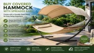 buy covered hammock with spreader bars supported by a durable steel stand for easy outdoor setup