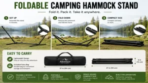 camping hammock stand shown folding into a compact size for convenient storage, transport, and travel use