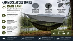 Waterproof rain tarp as one of the most useful hammock accessories for weather protection during camping adventures