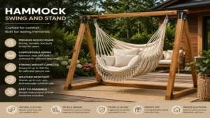 Wooden hammock swing and stand featuring a sturdy frame and soft seating area