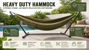 heavy duty hammock attached to a durable steel stand for versatile placement