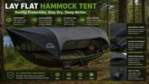 Lay flat hammock tent equipped with a protective rainfly for all-weather camping adventures