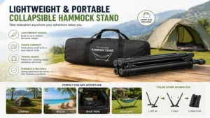 Lightweight collapsible hammock stand packed for travel and camping adventures