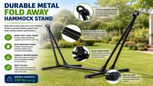Durable metal fold away hammock stand designed for outdoor use