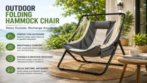 Outdoor folding hammock chair set up on a patio for relaxing in the fresh air